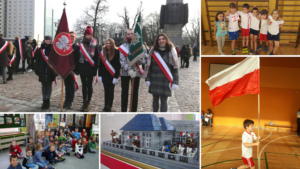 Uczniowie ze szkolnym sztandarem, podczas zawodów sportowych i na wystawie LEGO z okazji rocznicy Powstania Wielkopolskiego.