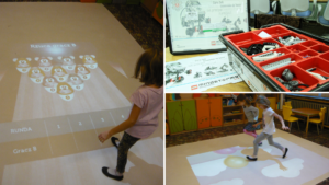Dywan interaktywny w świetlicy oraz klocki LEGO z dodatkowych zajęć z robotyki.